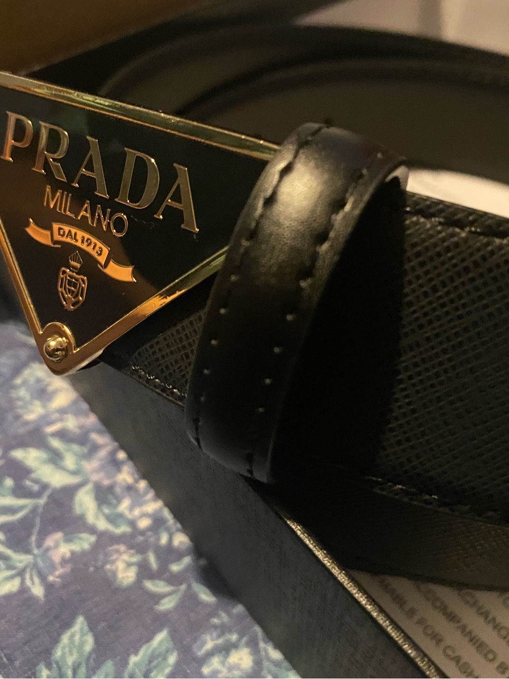 Prada Black Leather Men's Belt with Gold Triangle Logo Plaque